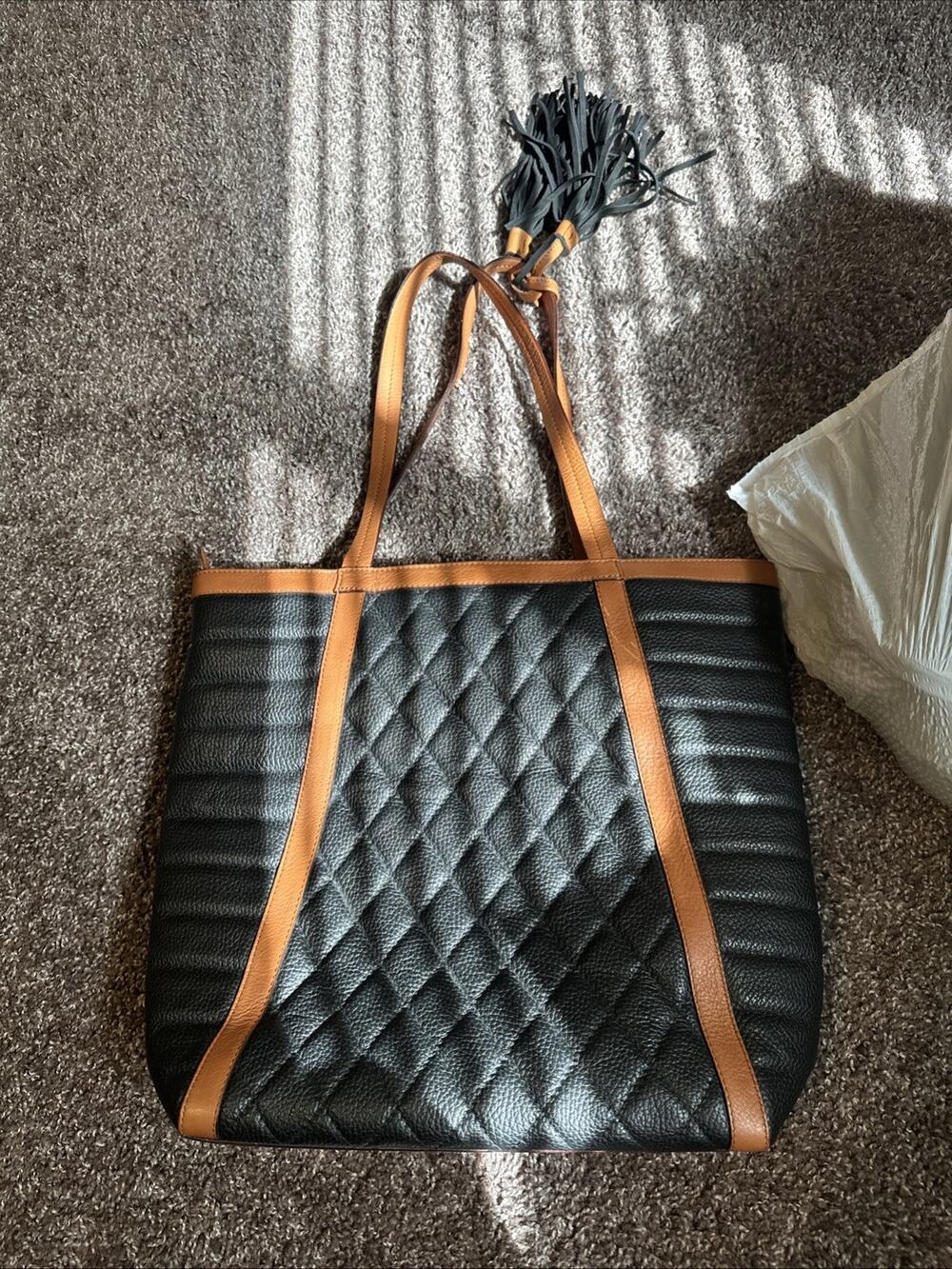 Sundance Black Quilted Leather Shoulder Bag With Brown Trim, Straps NWOT